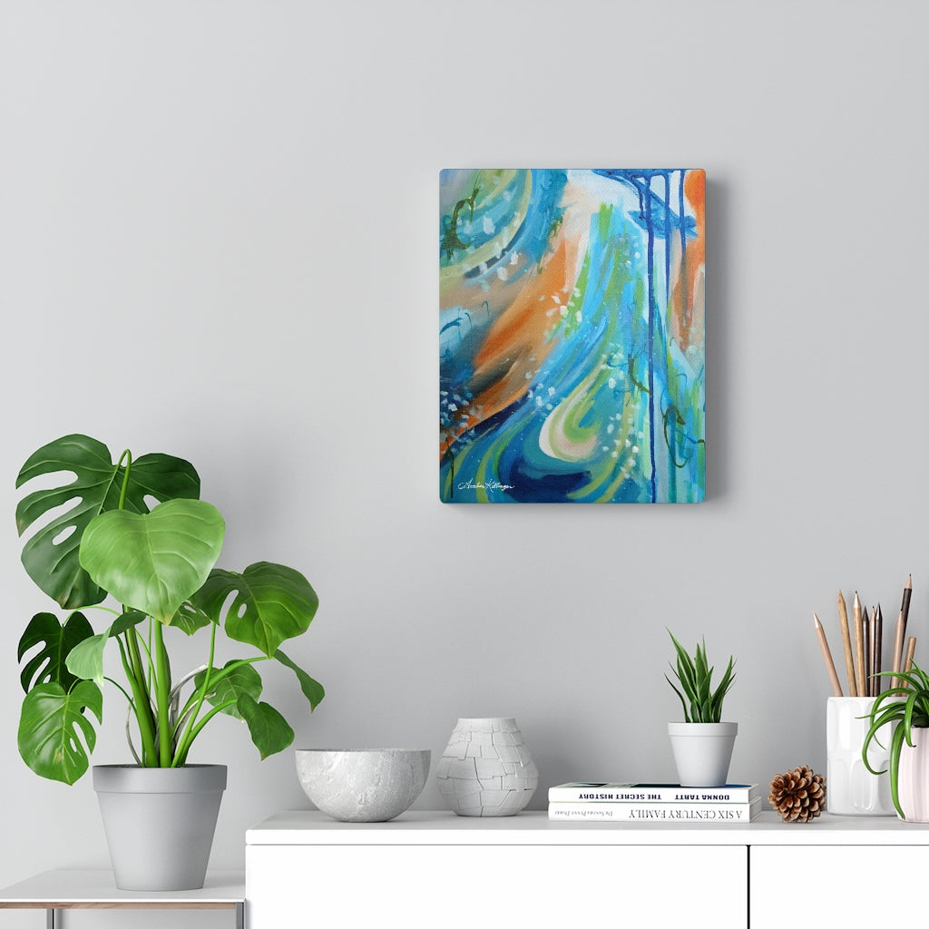 inspirational abstract art by Amber Killinger artist, blue green orange canvas wall art