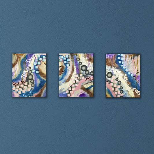 "Belly Dance" Blue Abstract Intuitive Art (3 Piece Set) 11x14 ea